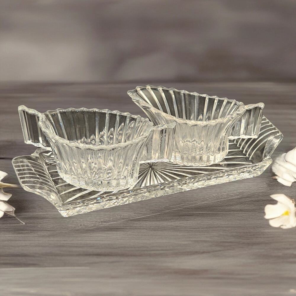 Heisey Ridgeleigh Art Deco Cream Sugar With Tray Clear Vintage